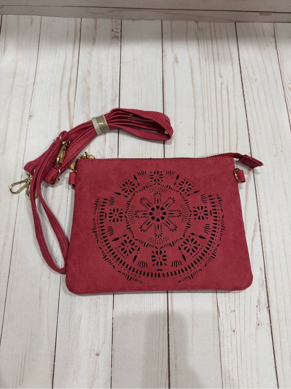 Red Laser-Cut Floral Crossbody Bag with Adjustable Strap